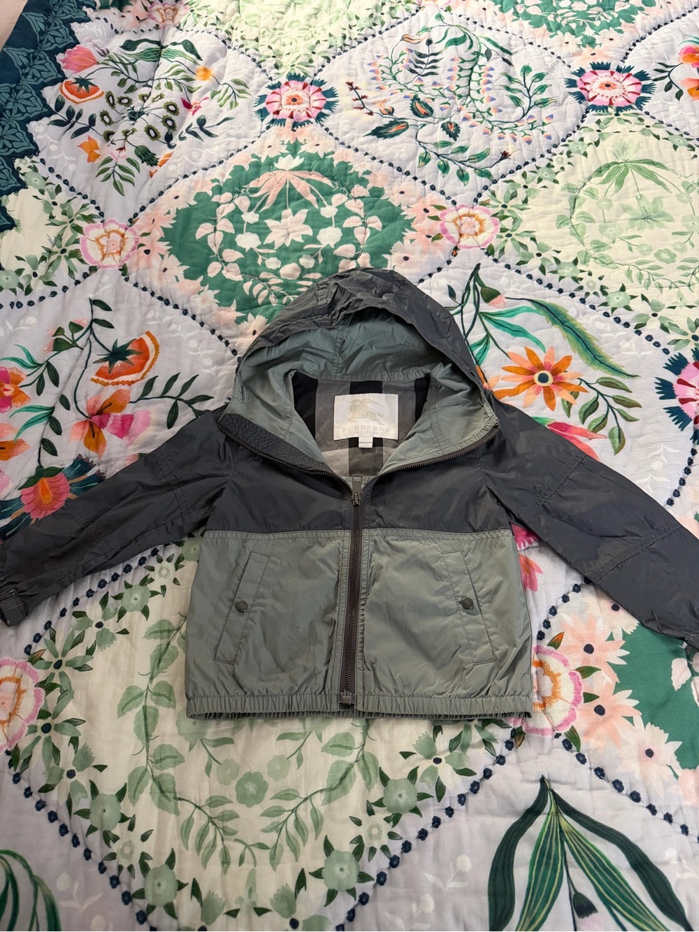 Burberry Kids Two-Tone Hooded Raincoat — Dark Gray & Sage Green